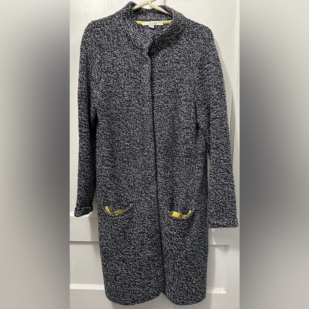 Boden Wool Long Line Cardigan Sweater 12-Navy And White With Yellow In Pockets
